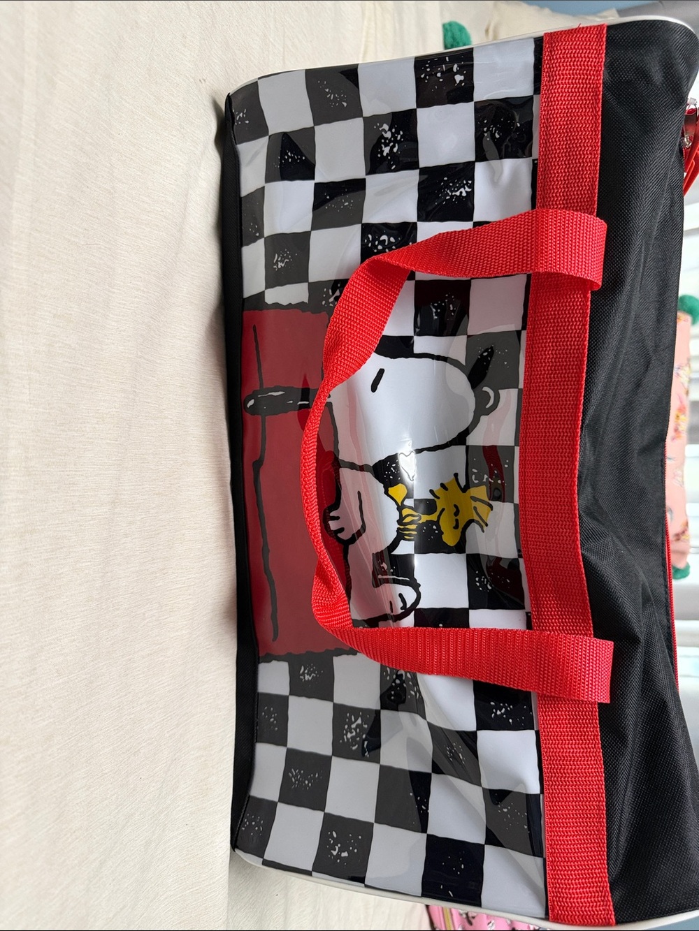 NWT Snoopy & Woodstock Checkered Tote/Gym Bag in Red, Black & White